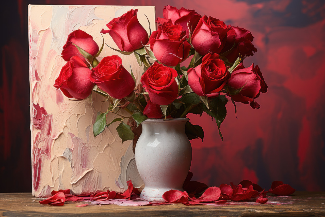 A bouquet of red roses artfully arranged on a palette, valentine, dating and love proposal image
