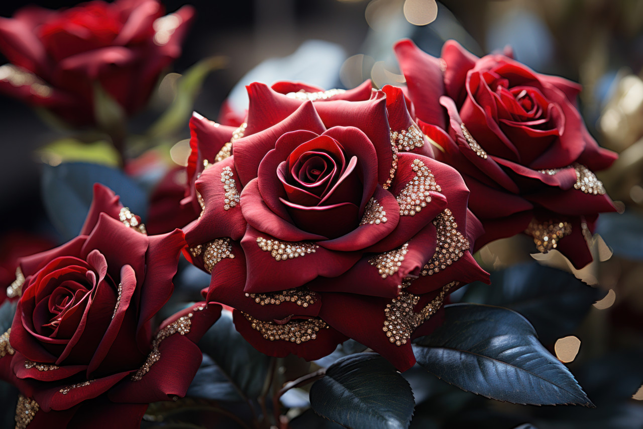 Radiant red roses elevated to opulent heights with the shimmer of gold leaf, valentine, dating and love proposal image