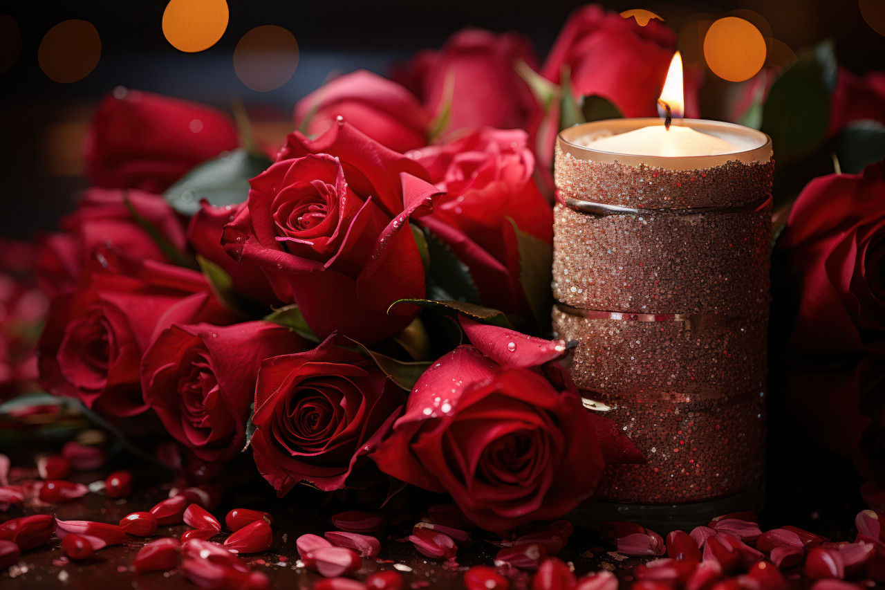 Red roses and candlelit confetti create a romantic setting, engagement, wedding and anniversary image