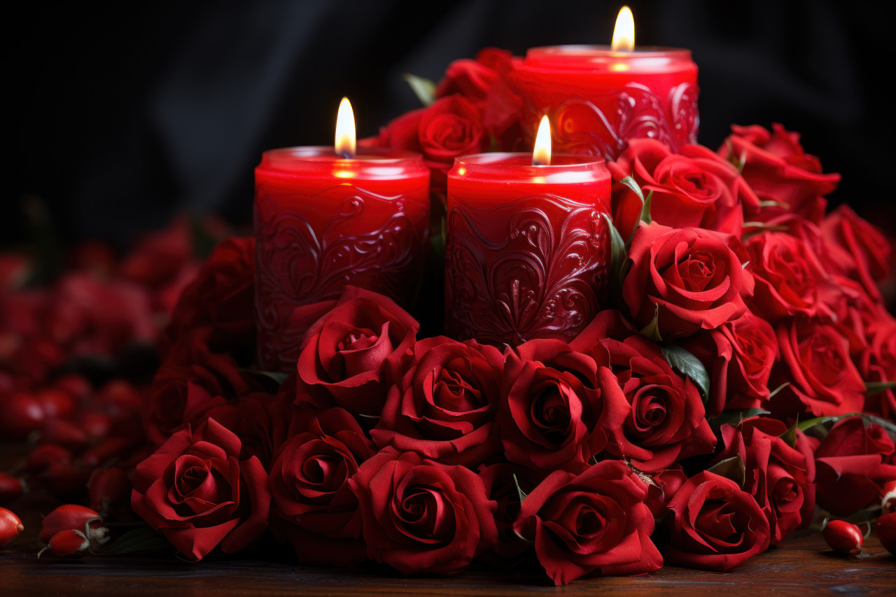 Intimate confession under the warm glow of candlelight and red roses, engagement, wedding and anniversary image