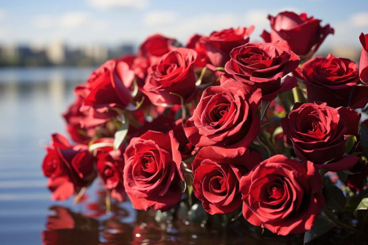 Red roses reflected in the tranquil waters of a clear lake, valentine, dating and love proposal image