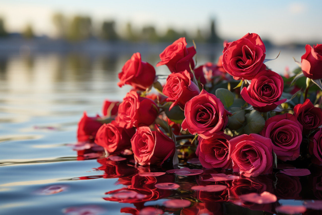 Red roses in a clear lake a symbol of love and serenity, engagement, wedding and anniversary image