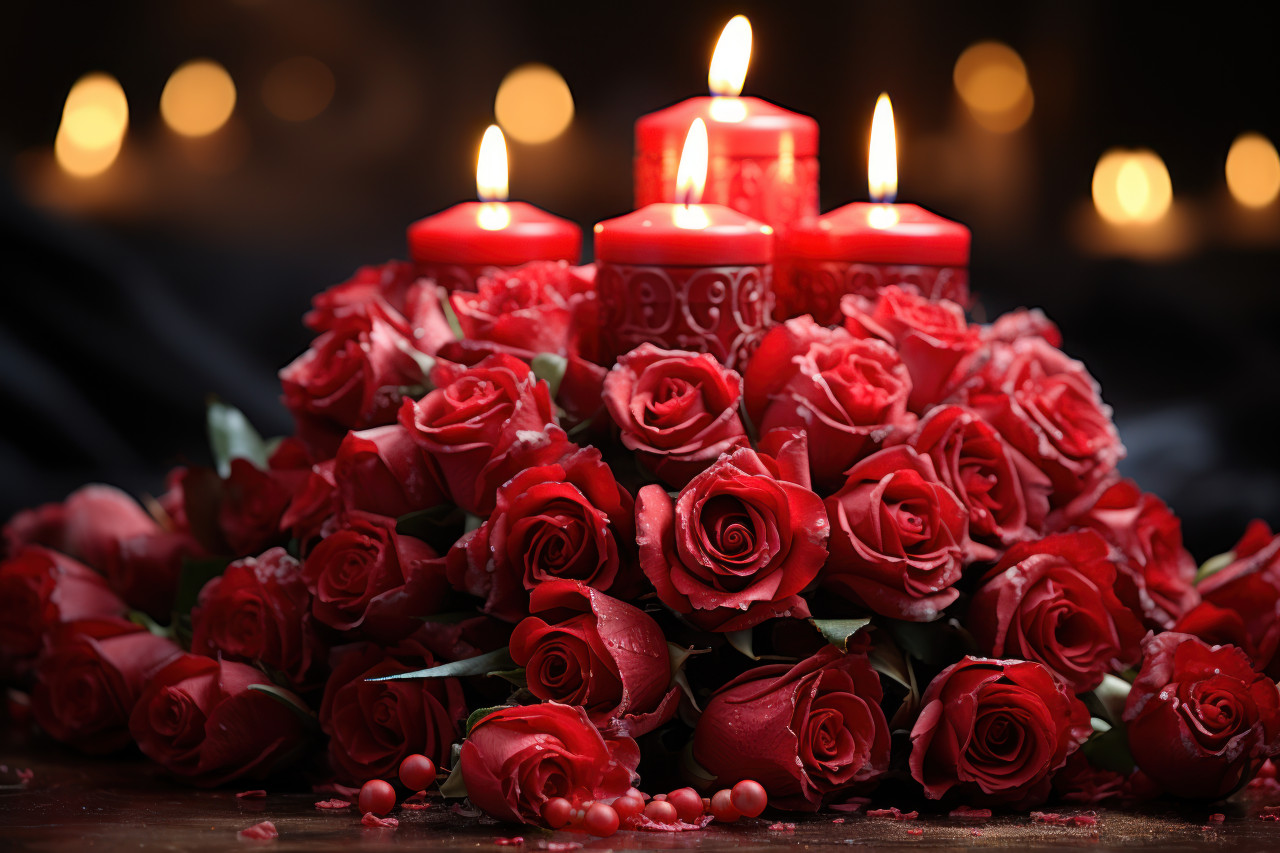 Red roses and candlelight create a romantic atmosphere for heartfelt moments, valentine, dating and love proposal image