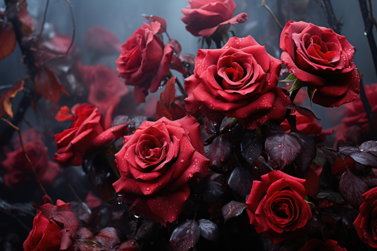 Alluring red roses surrounded by a captivating mist, engagement, wedding and anniversary image