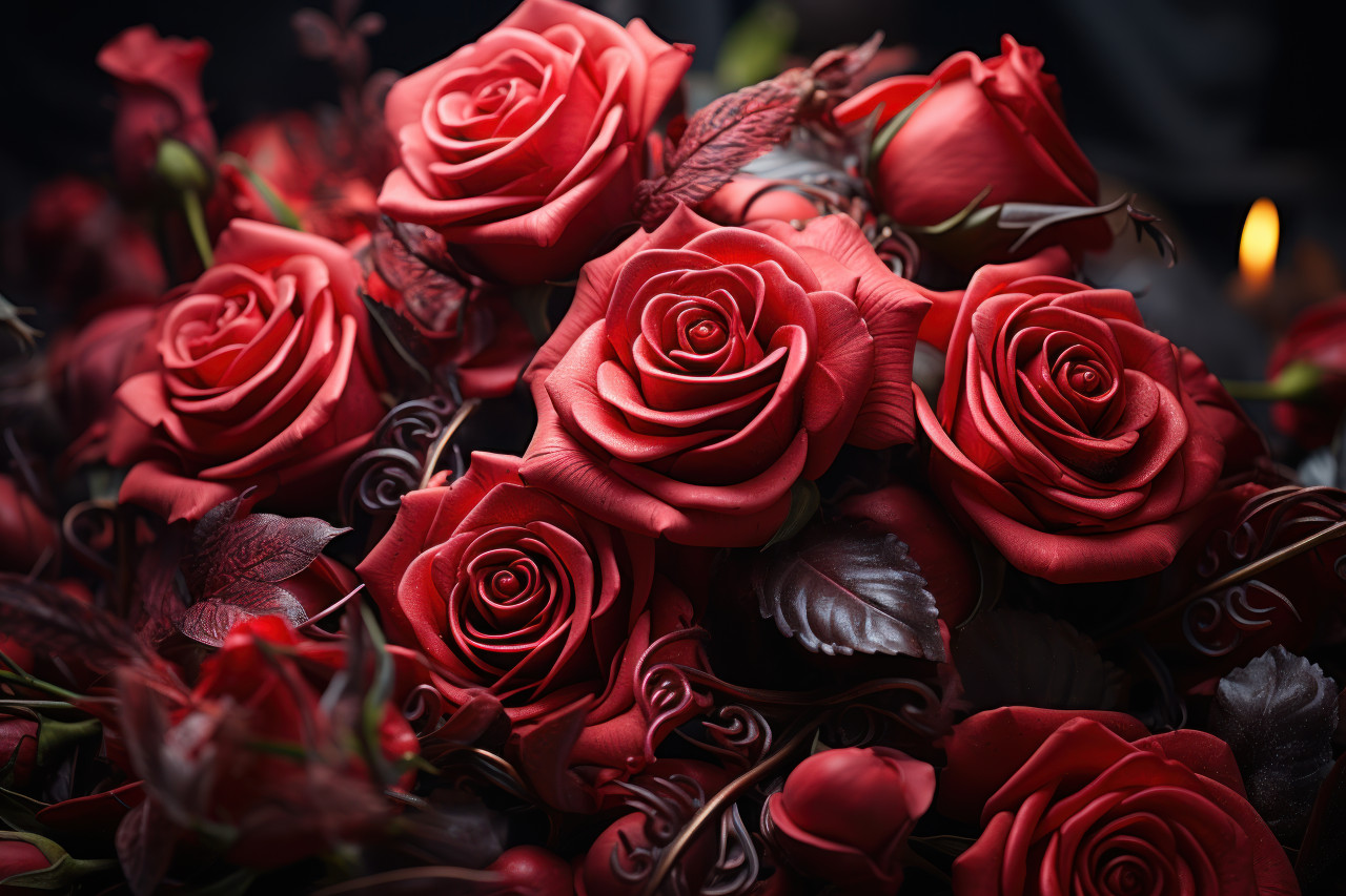In a world of magical love red roses bloom amid mystical symbols and artifacts, valentine, dating and love proposal image