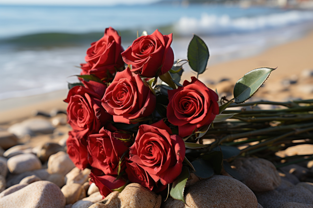 Red roses gracefully placed on a sandy shore, engagement, wedding and anniversary image