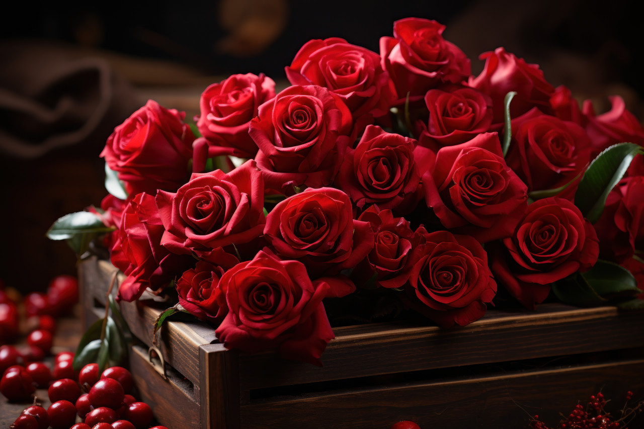Red roses arranged in a vintage wooden crate a symbol of enduring love, engagement, wedding and anniversary image