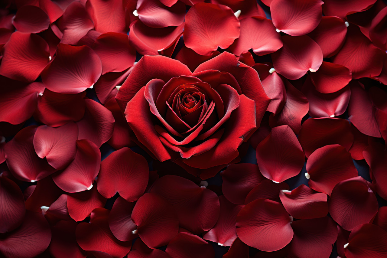 Red rose petals spell out a positive message, engagement, wedding and anniversary image