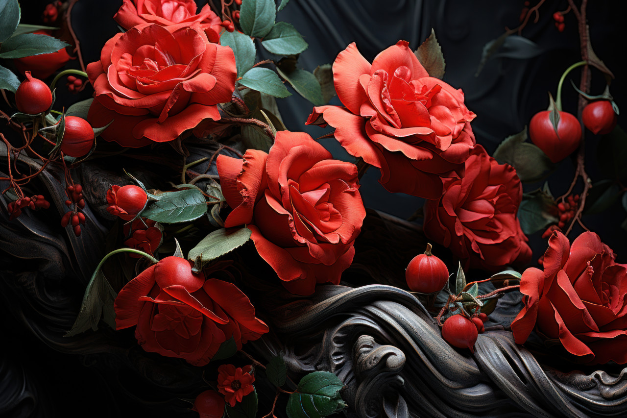 Red roses in a setting that echoes renaissance art, valentine, dating and love proposal image
