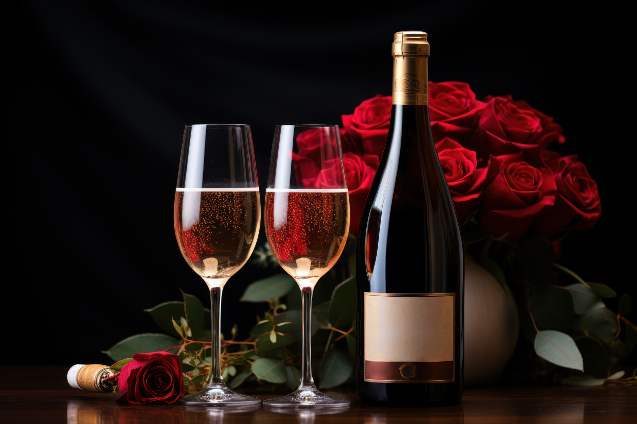 Romantic setting with red roses champagne and glasses, engagement, wedding and anniversary image