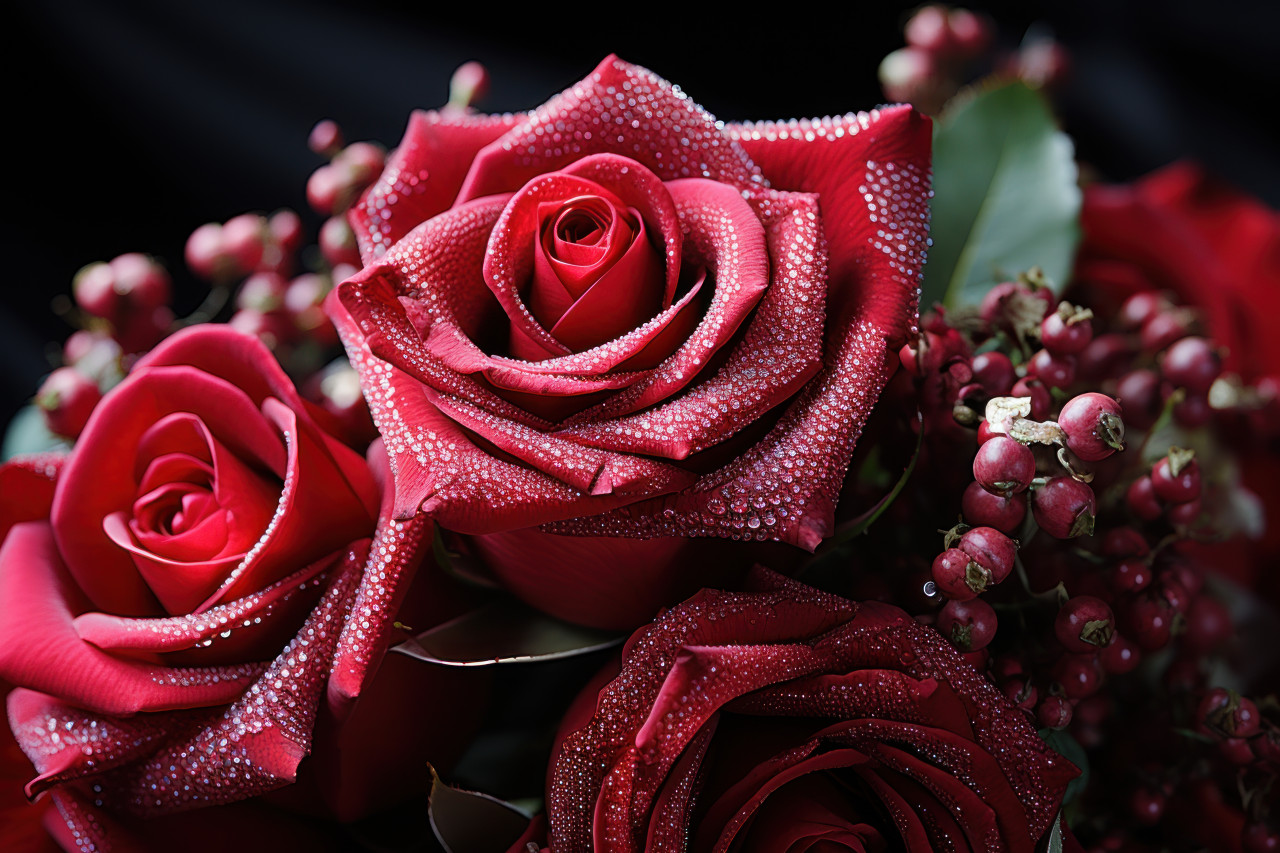Exquisite jeweled red roses embodying the richness and depth of true love, engagement, wedding and anniversary image