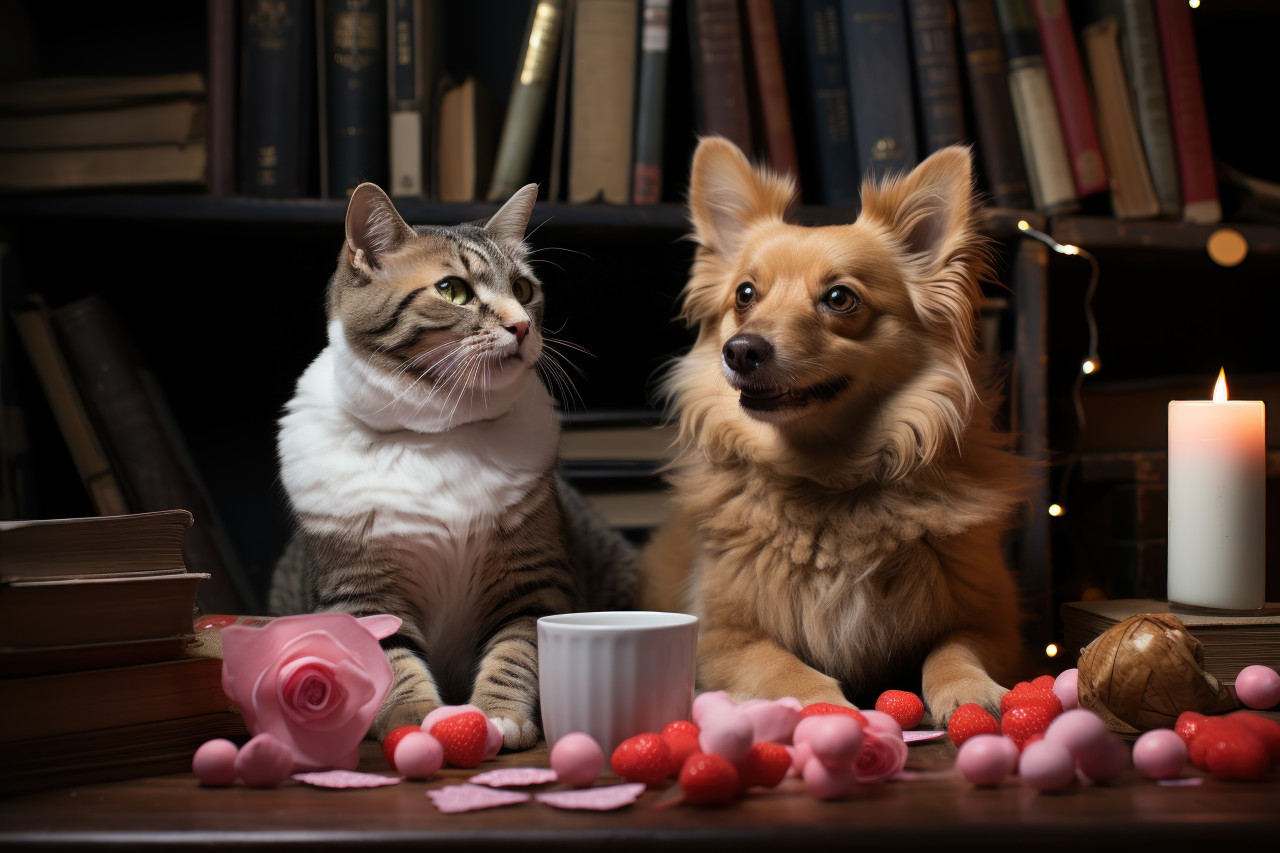 Couple enjoying the company of playful pets while exchanging gifts for their furry friends, valentine, dating and love proposal image