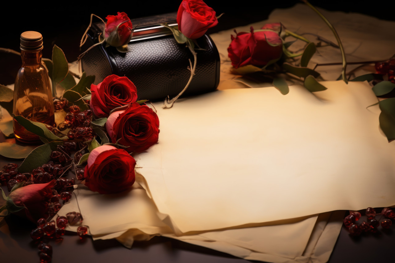 Vintage setting with chocolate covered strawberries, engagement, wedding and anniversary image