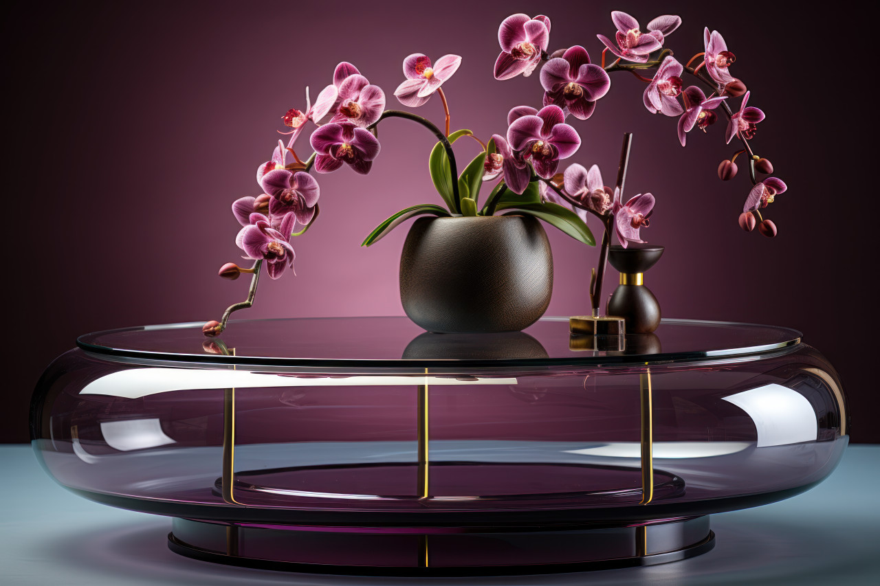 Minimalist table features exquisite orchids in a crystal clear vessel, valentine, dating and love proposal image