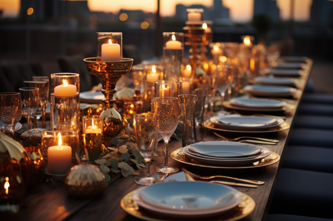 Opulent atmosphere created by candles in gold rimmed holders, engagement, wedding and anniversary image