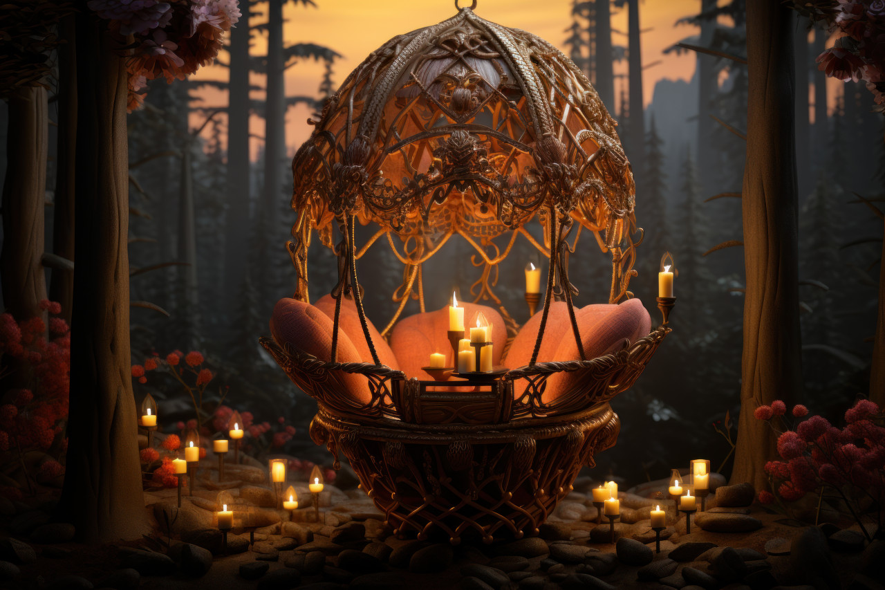 Dawn hot air balloon journey with candlelit basket evoking a surreal and magical adventure, valentine, dating and love proposal image