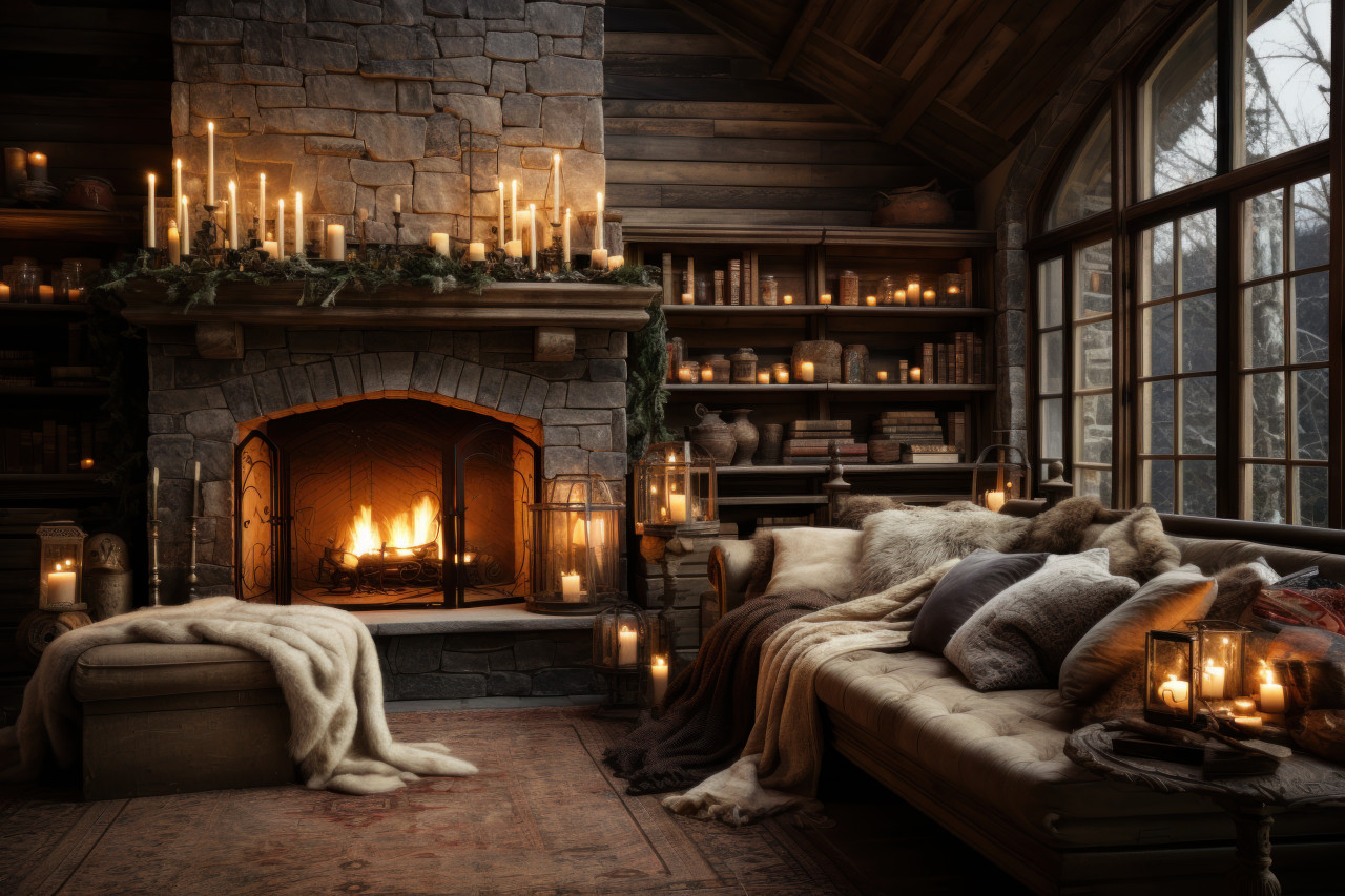 Candlelit stone mantle in the heart of a cozy cabin, valentine, dating and love proposal image