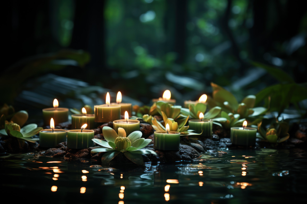 Floating candles amidst calm waters and lush surroundings, valentine, dating and love proposal image