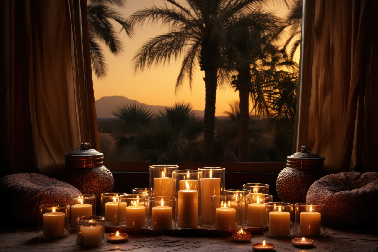 Candle lit desert scene with palm trees and setting sun, valentine, dating and love proposal image