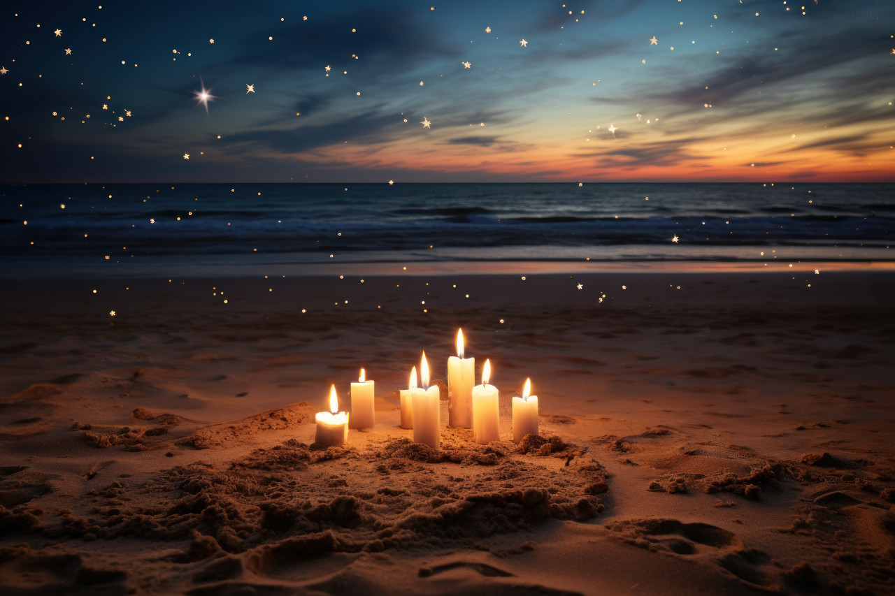 Candles in the sand enhance the warm atmosphere of a beach bonfire, engagement, wedding and anniversary image