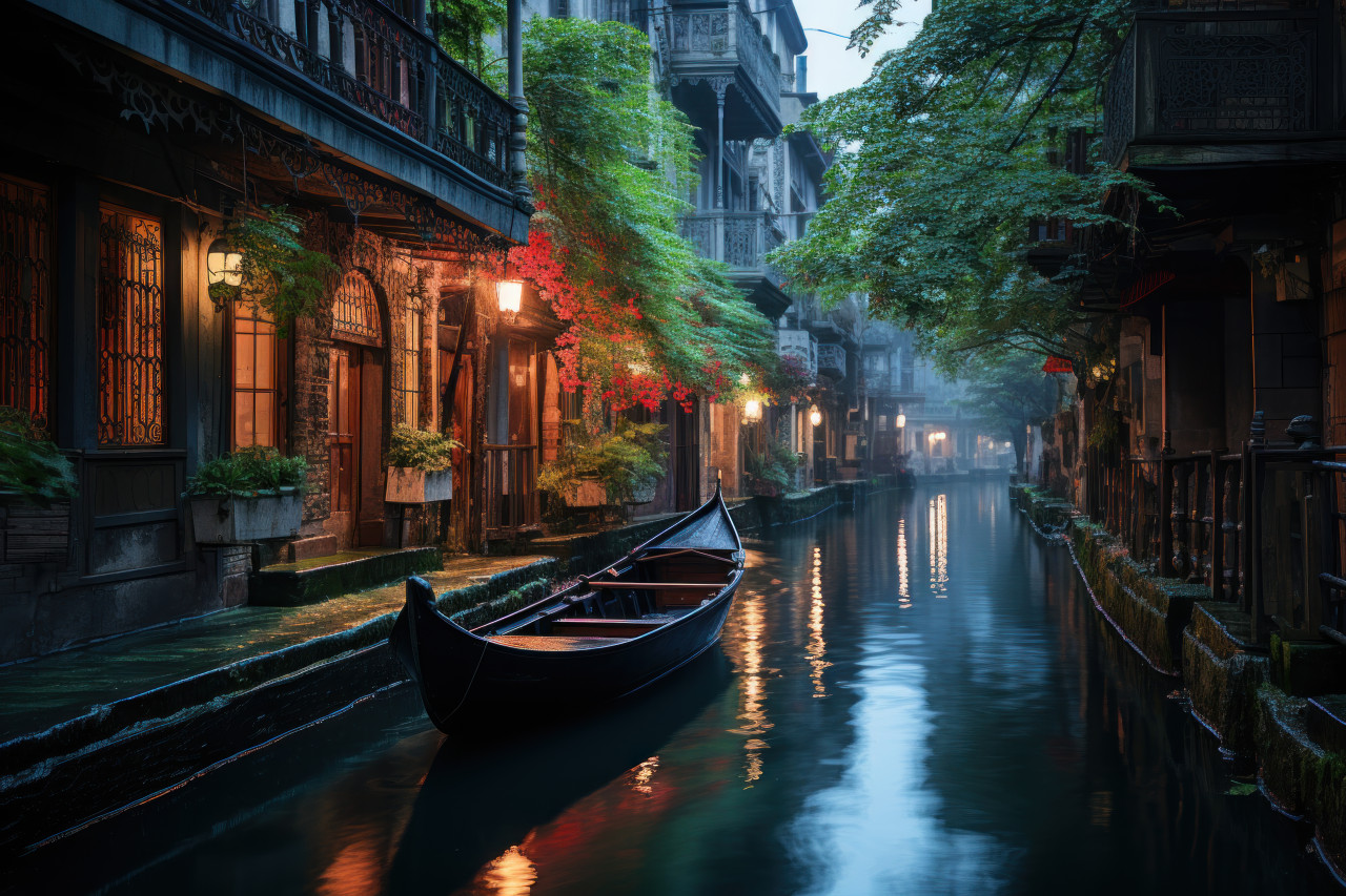 Gondola ride through a dreamy canal at twilight, engagement, wedding and anniversary image
