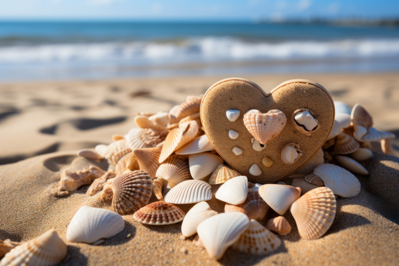Heart cookies partially buried in the sand with seashells, engagement, wedding and anniversary image