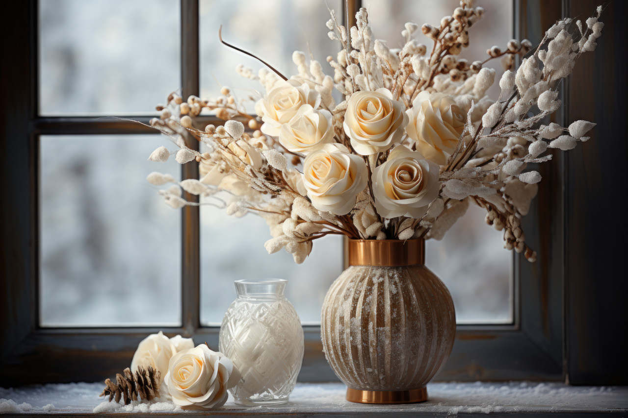 Elegant arrangement of white roses and pinecones on a frosty glass table, engagement, wedding and anniversary image