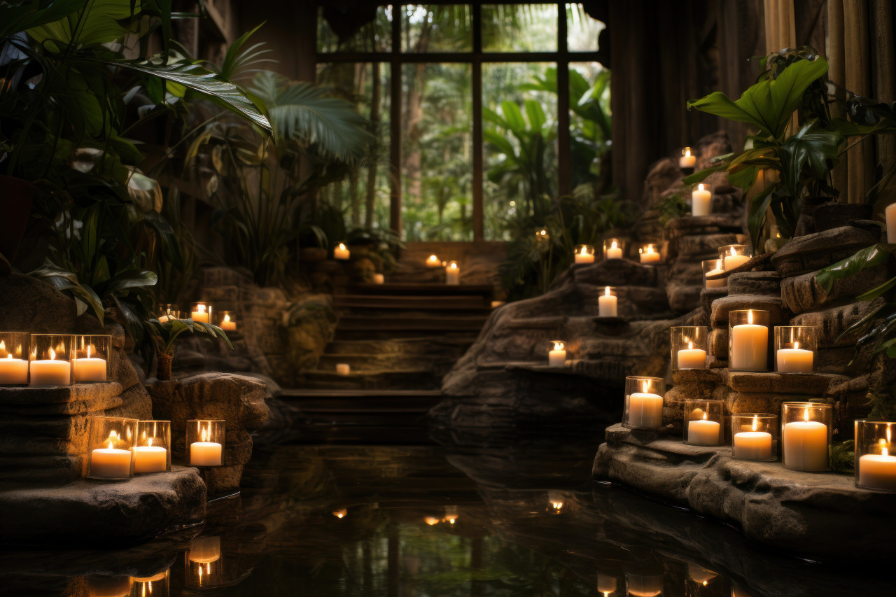 Romantic setting with candles enhancing a waterfall, engagement, wedding and anniversary image