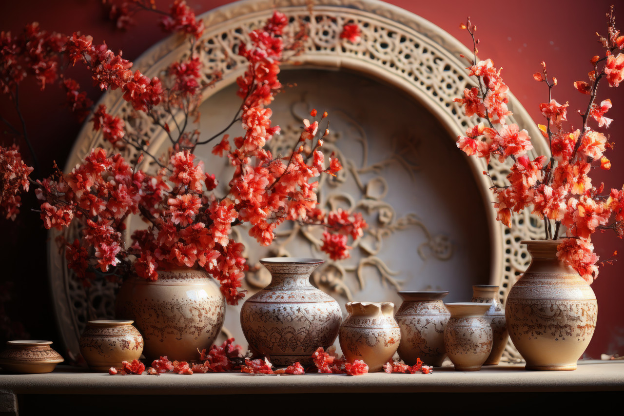 Colorful ceramic vases overflowing with blooms on a mosaic table, valentine, dating and love proposal image
