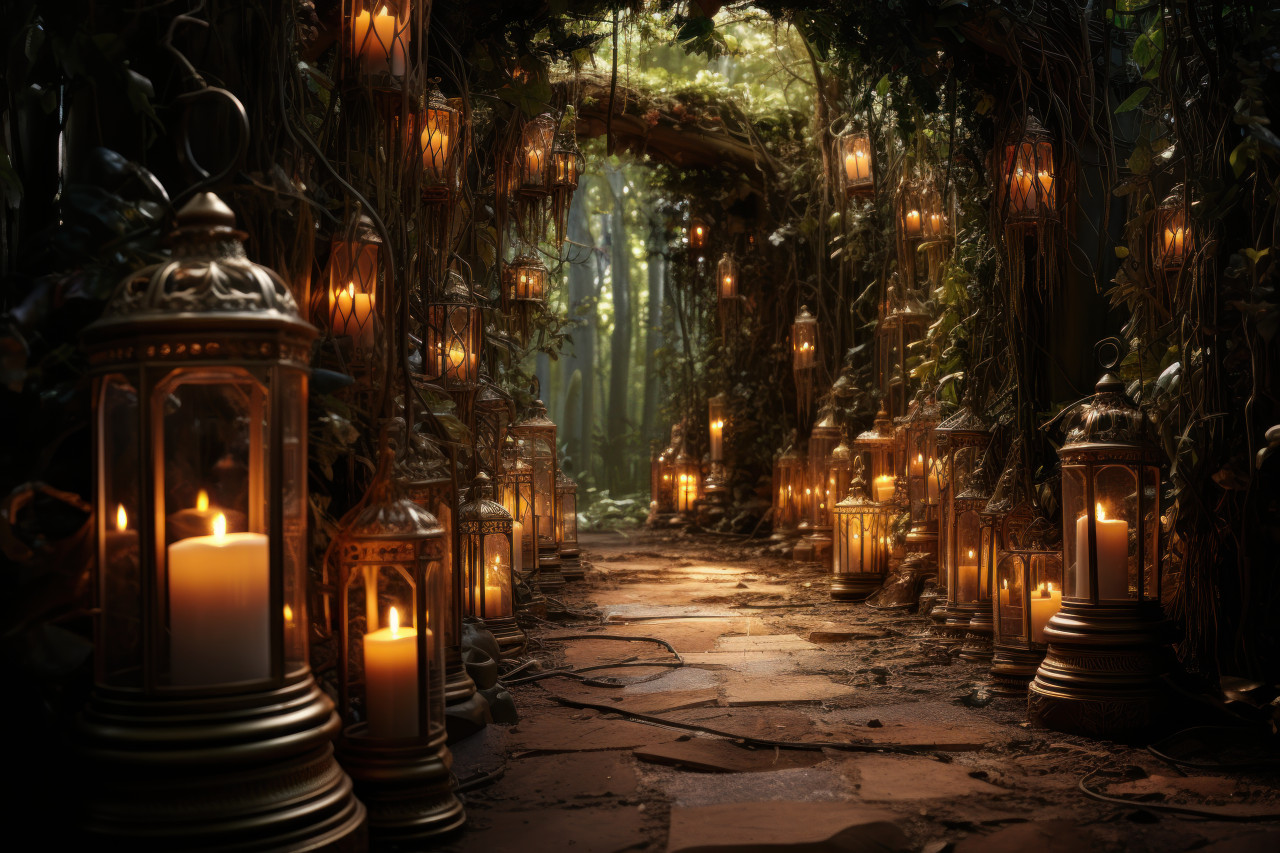 Garden path adorned with flickering candles in enchanting lanterns, engagement, wedding and anniversary image