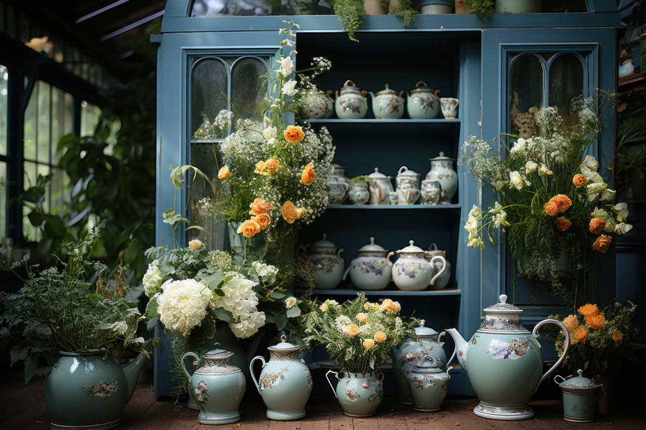 Whimsical garden proposal surrounded by flowers and vintage elegance, valentine, dating and love proposal image