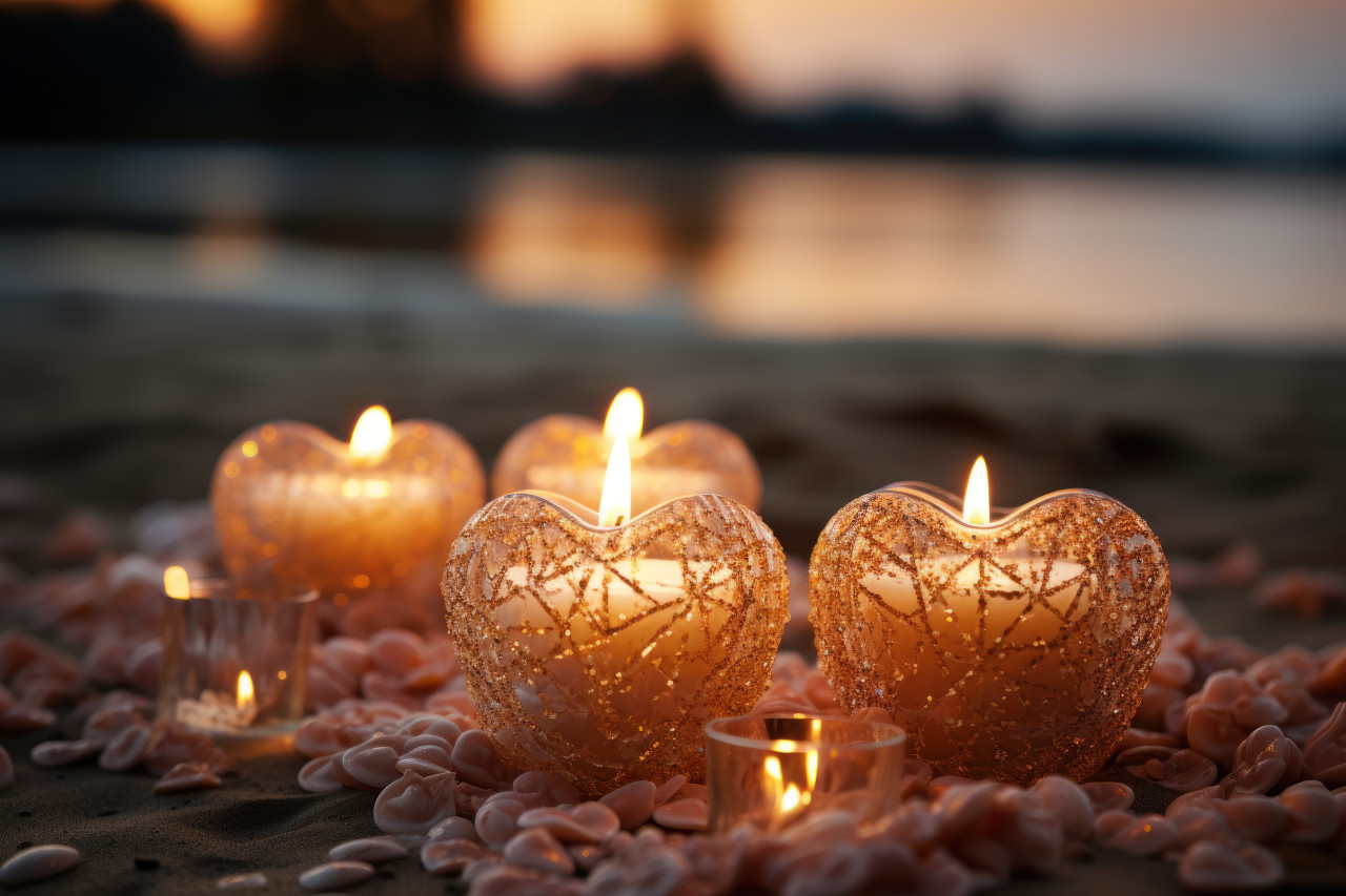 Heart shaped candles on a beach with gentle waves, engagement, wedding and anniversary image