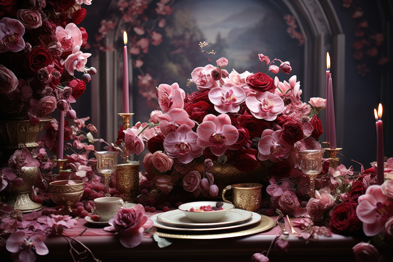 Royal affair with luxurious blooms in gold and velvet containers, valentine, dating and love proposal image