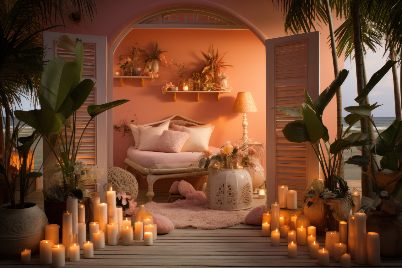 Candles in seashell holders enhancing the beach hut vibe, engagement, wedding and anniversary image