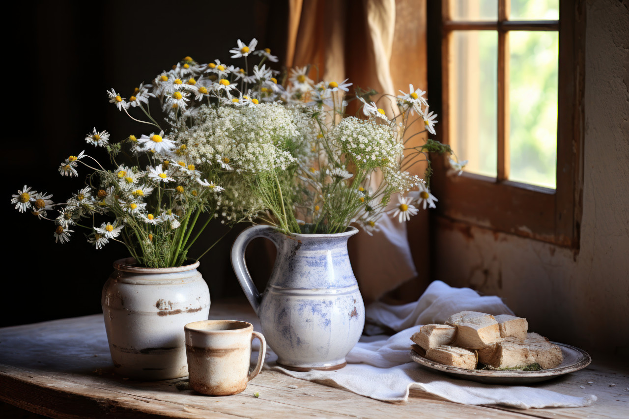 Vintage french countryside table with lavender and timeless clay jug, valentine, dating and love proposal image