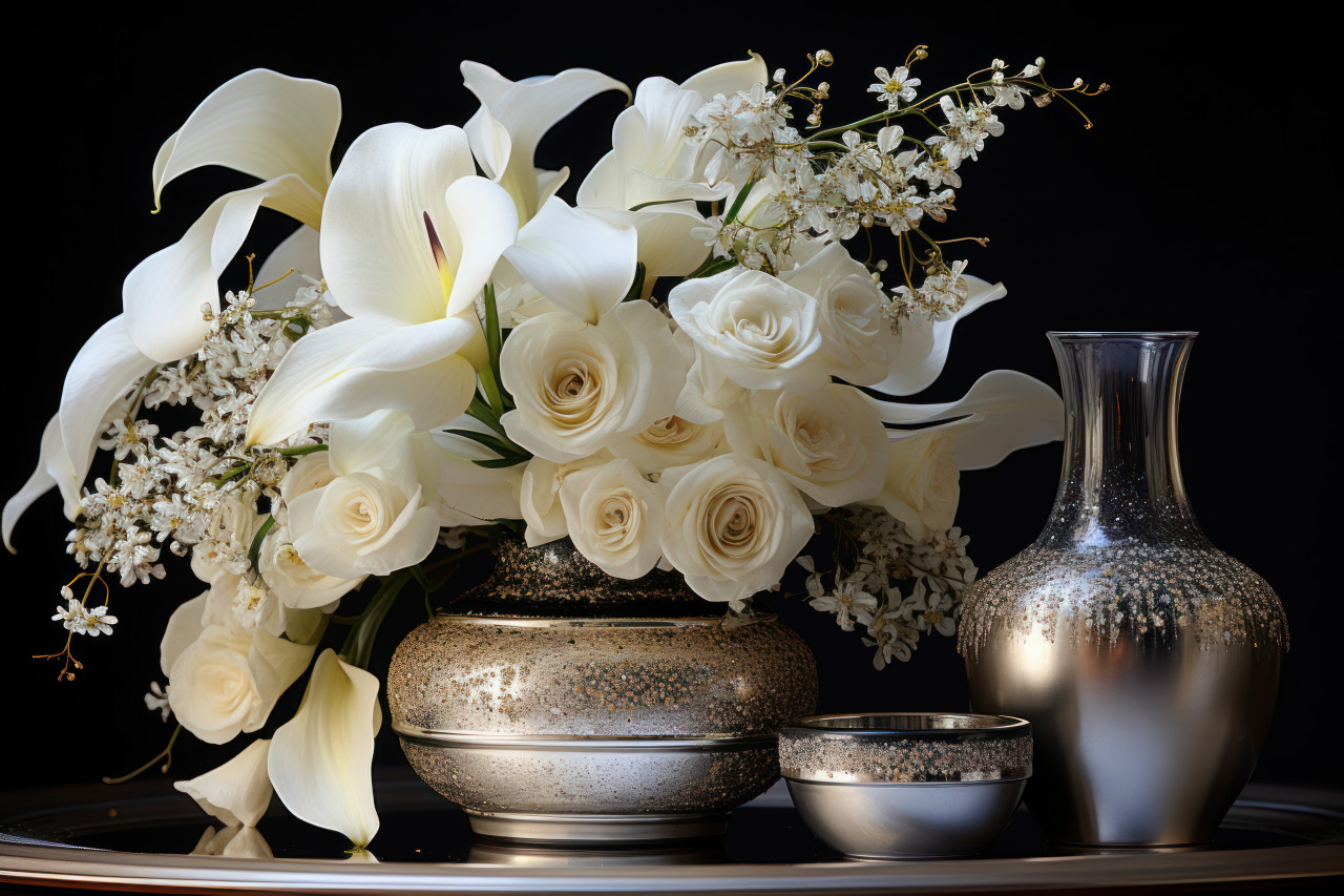Monochromatic setting with calla lilies anemones and orchids in silver elegance, valentine, dating and love proposal image