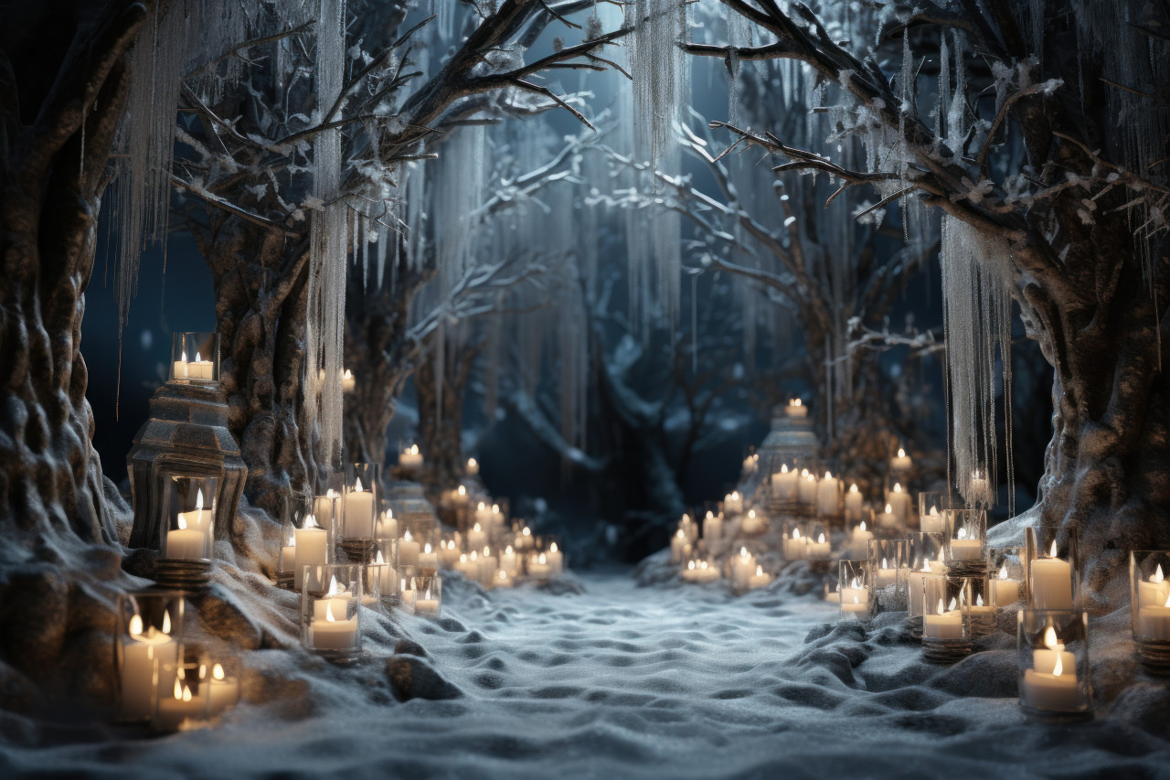 Snowy forest scene with candles in enchanting ice lanterns, engagement, wedding and anniversary image