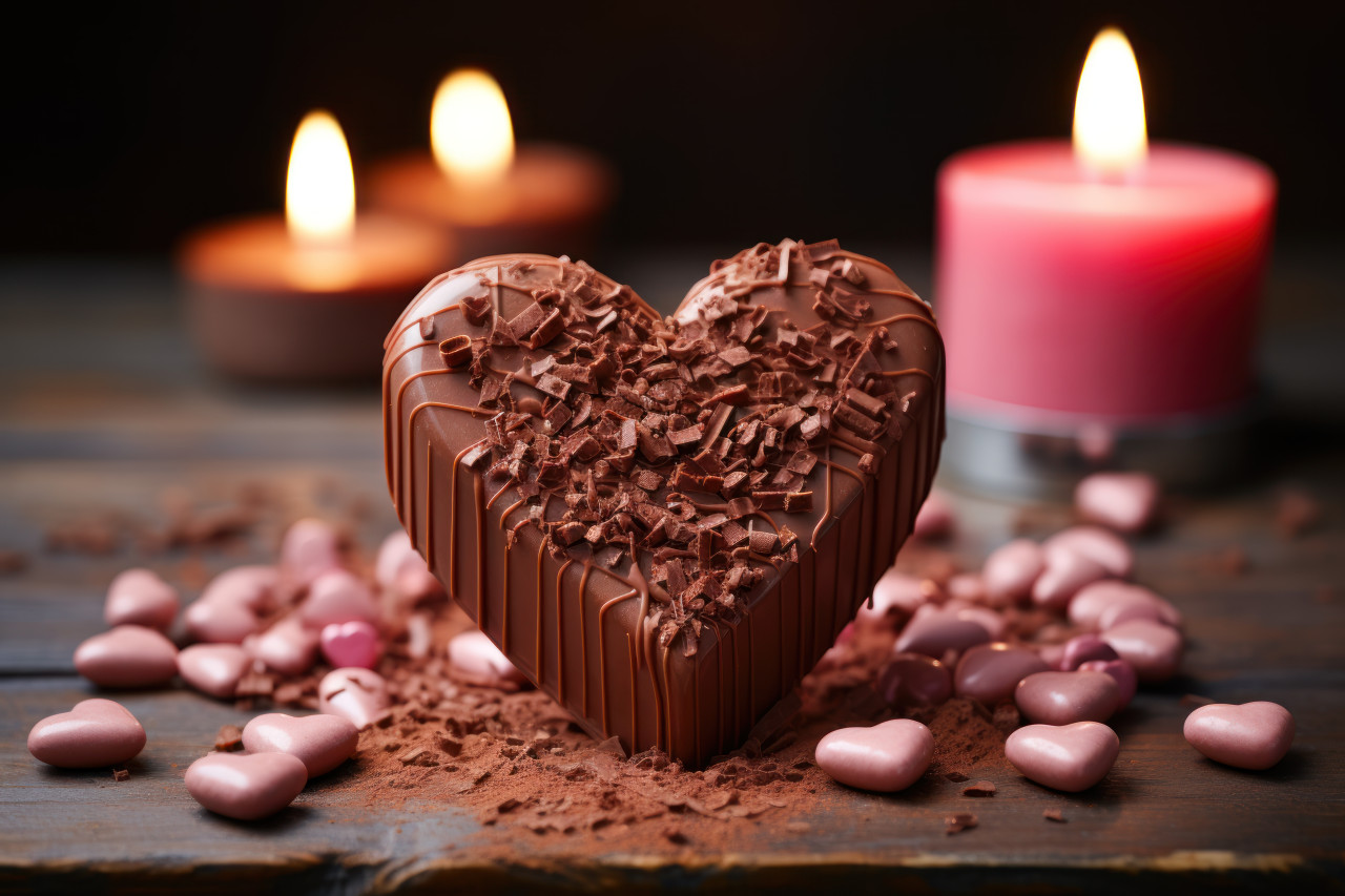 Heart chocolate held up to candlelight for a cozy and intimate scene, valentine, dating and love proposal image