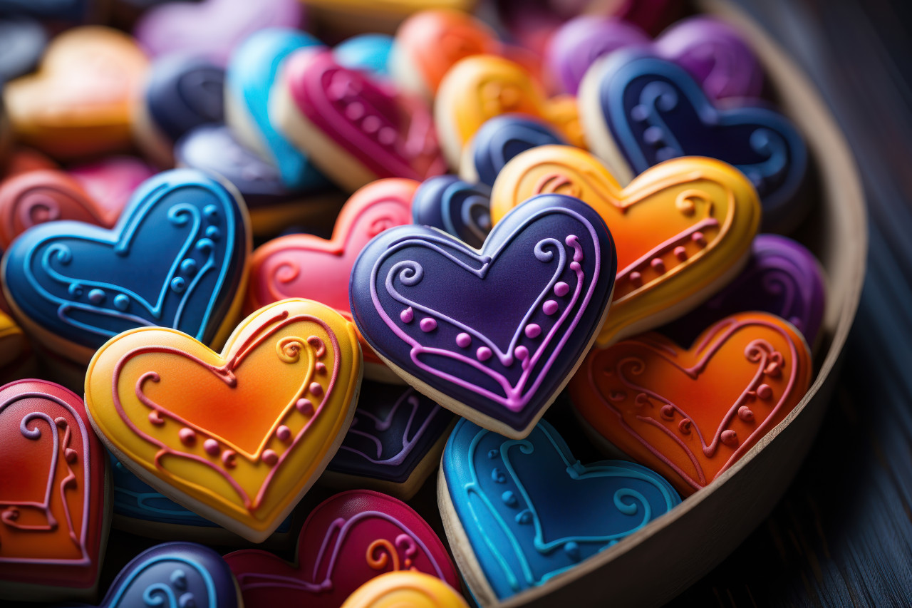 Heart shaped cookies form a rainbow embracing inclusivity and affection, valentine, dating and love proposal image