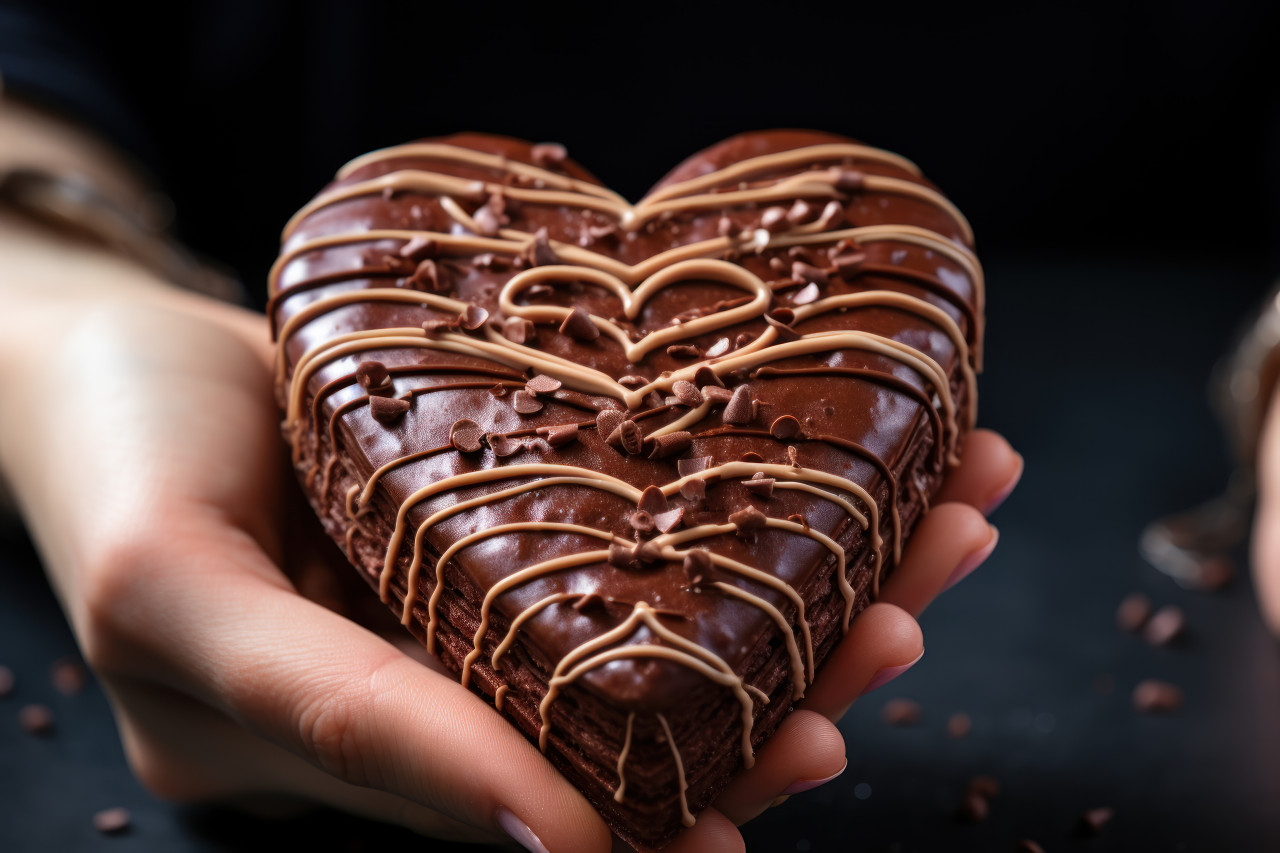 Close up of delicate jewelry and heart chocolate embraced by a hand, valentine, dating and love proposal image
