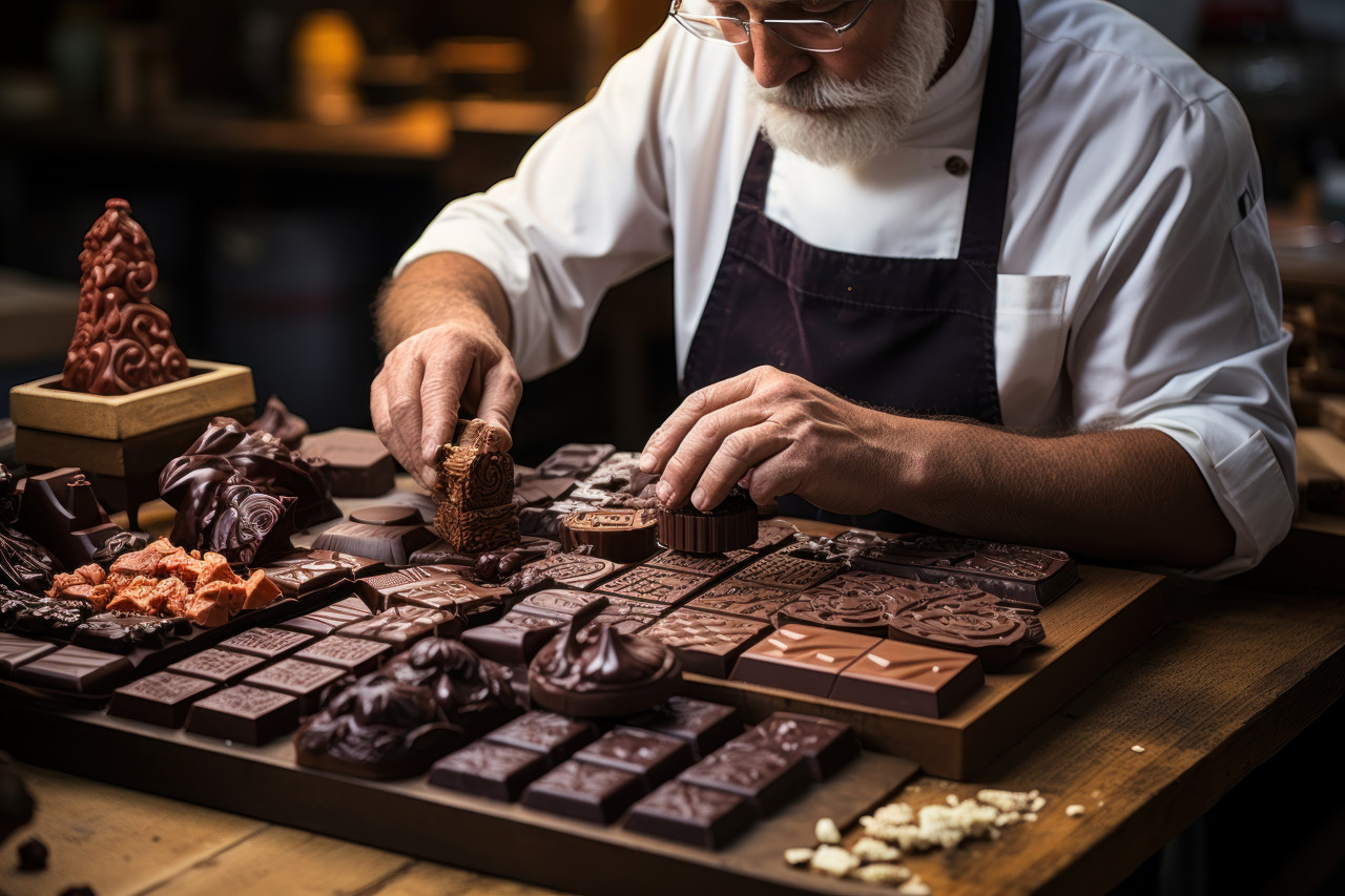 Craftsmen dedicate skill to intricate chocolate shapes, engagement, wedding and anniversary image