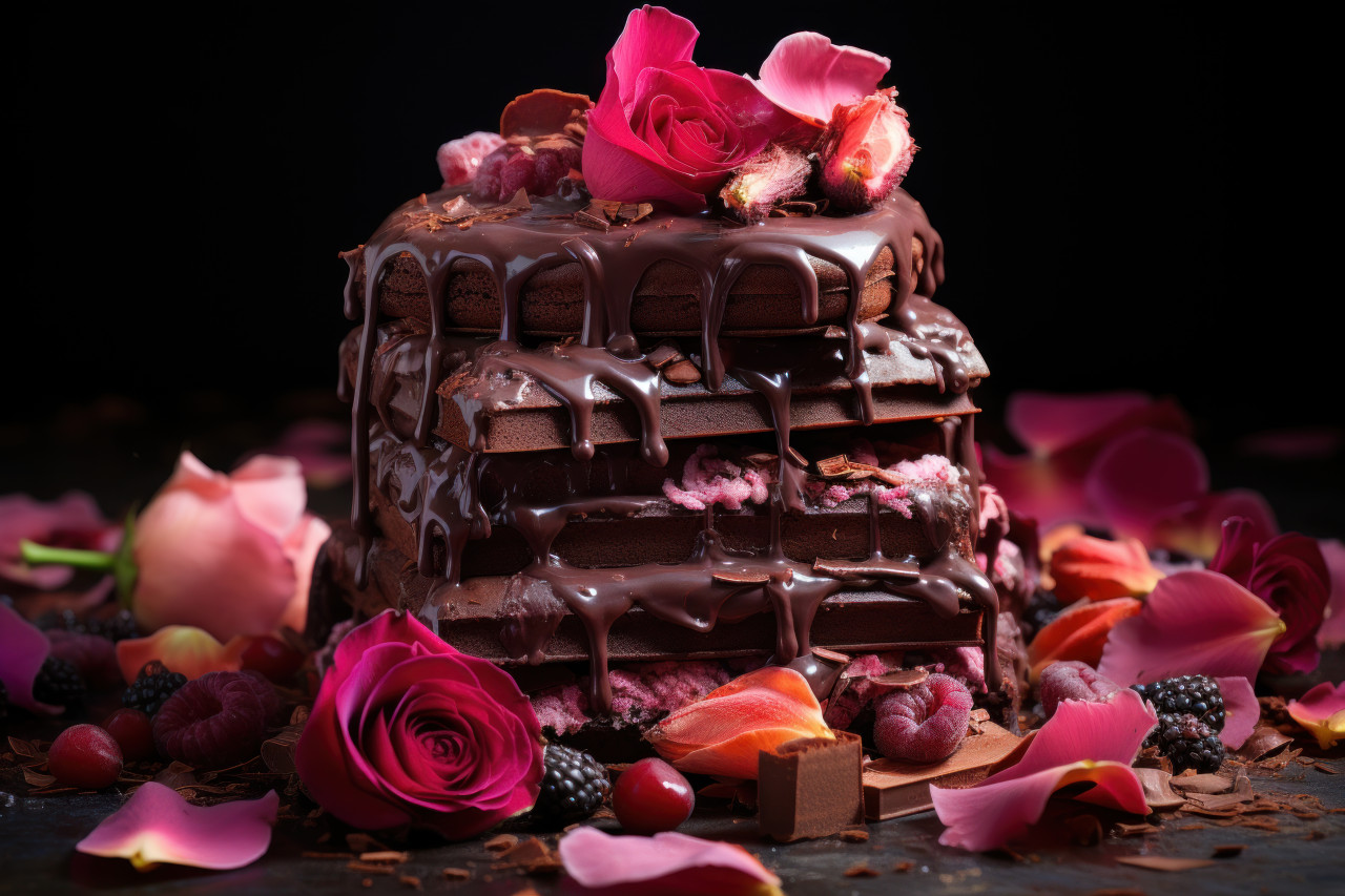 Rose petals surrounding dark chocolate over strawberries, valentine, dating and love proposal image