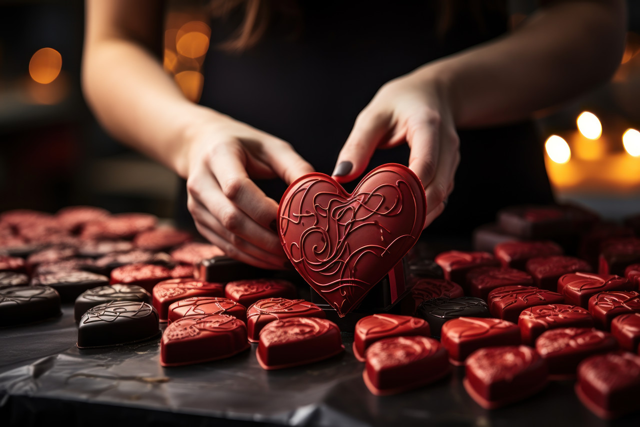 Hands skillfully crafting a red ribbon bow on heart chocolates, valentine, dating and love proposal image