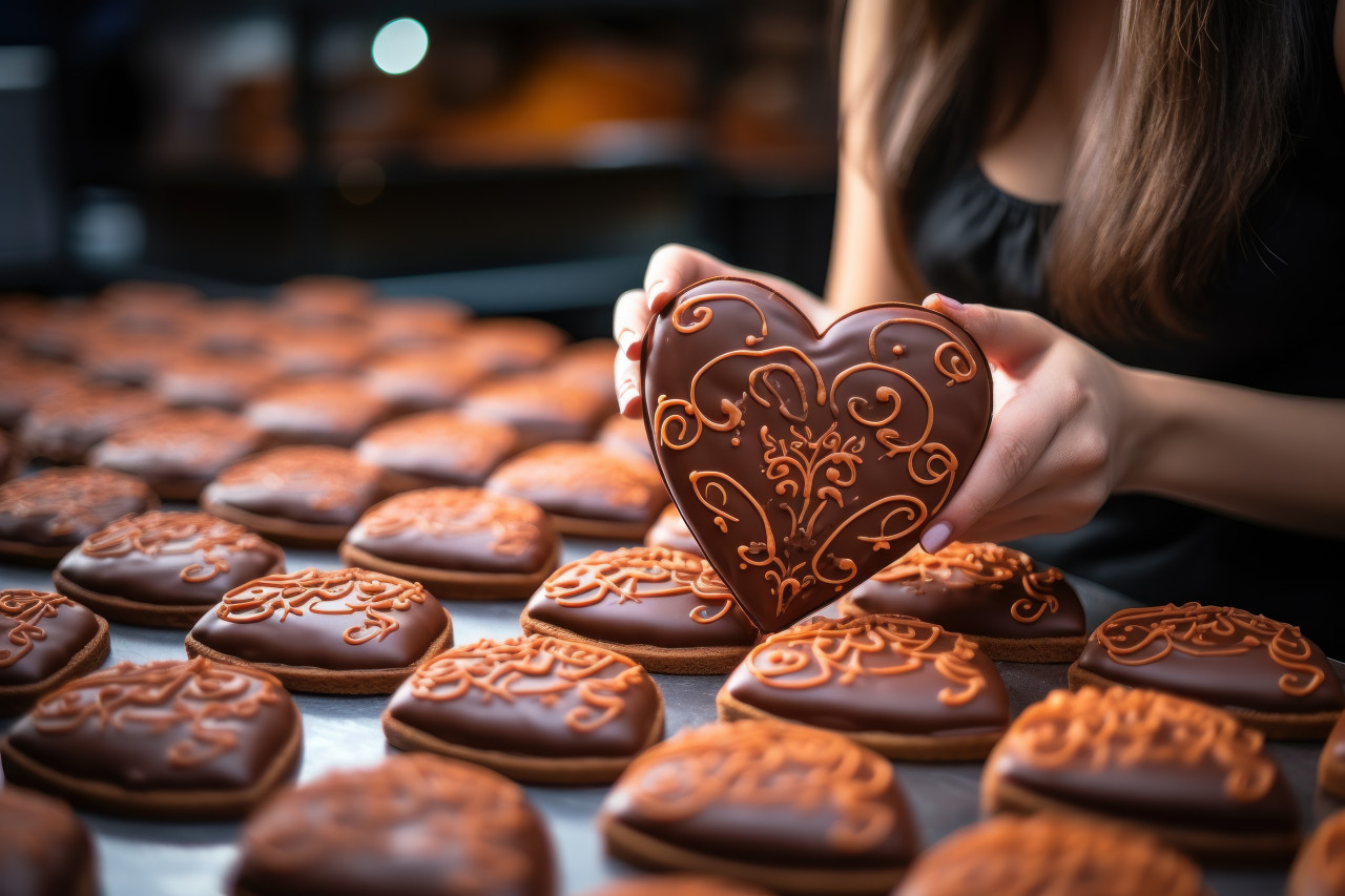 Close up of skilled baker adding vibrancy to heart shaped treats, valentine, dating and love proposal image