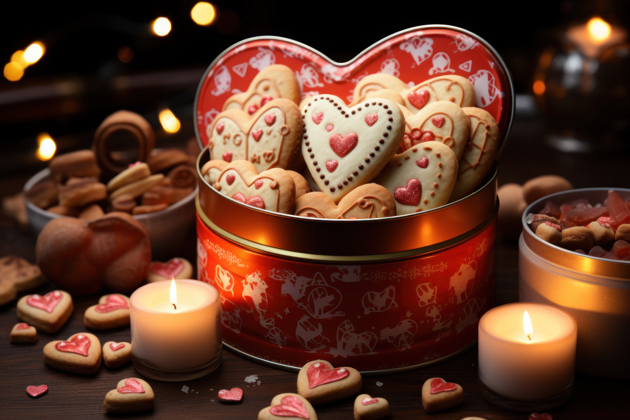 Old fashioned tins filled with vintage heart shaped cookies, valentine, dating and love proposal image