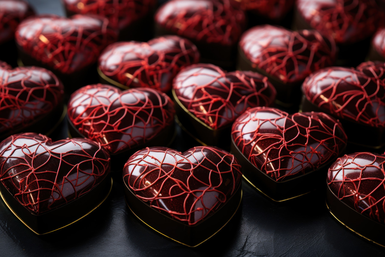 Heart shaped chocolates dressed in edible gold leaf for opulent delight, engagement, wedding and anniversary image