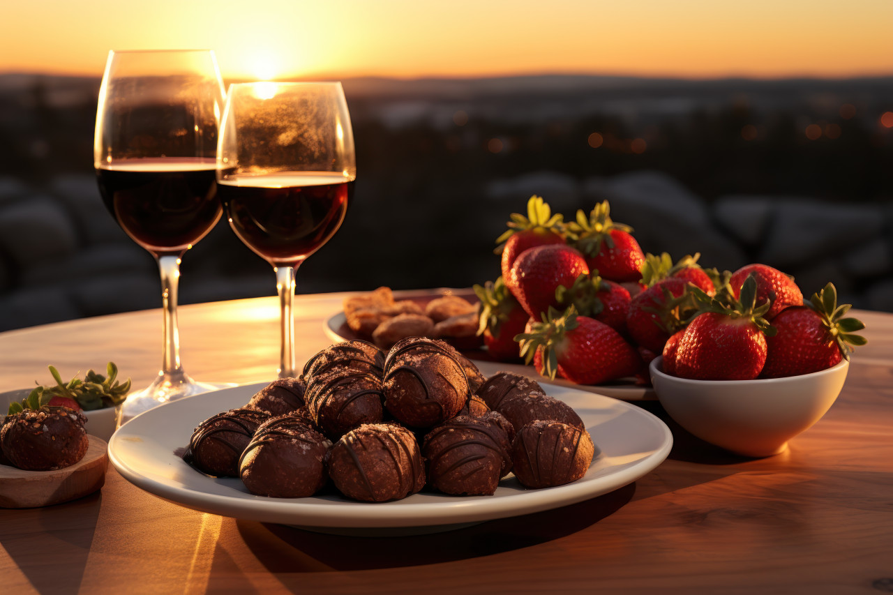 Chocolate dipped strawberries under the long shadows of sunset, engagement, wedding and anniversary image