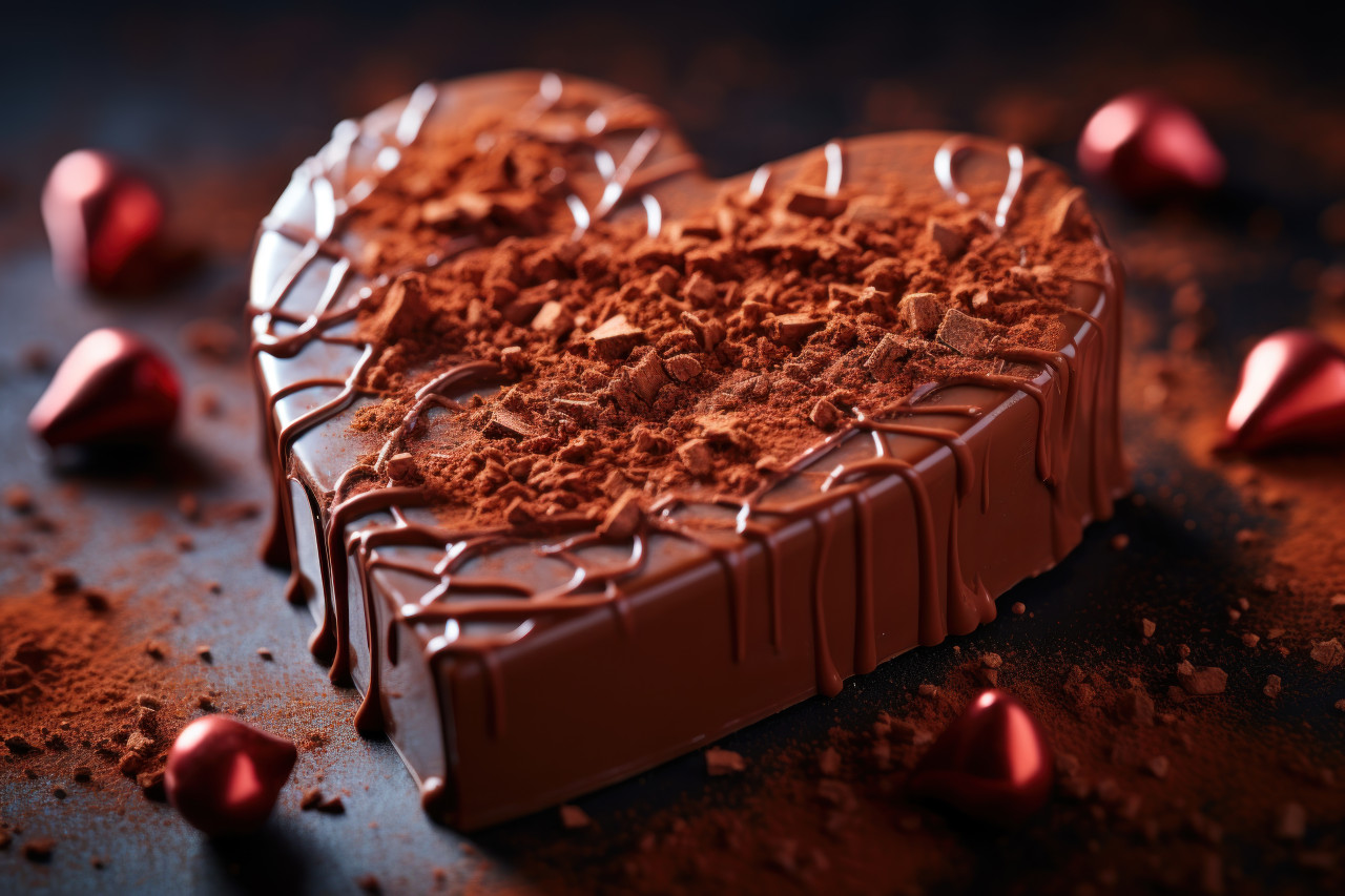 Close up of a heart shaped chocolate being savored, engagement, wedding and anniversary image