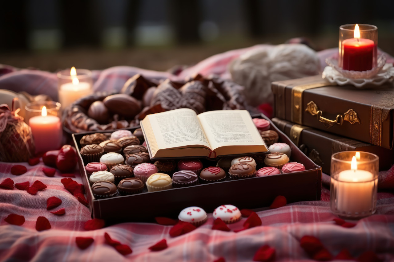 Heart shaped chocolates as the focal point in a romantic picnic, engagement, wedding and anniversary image