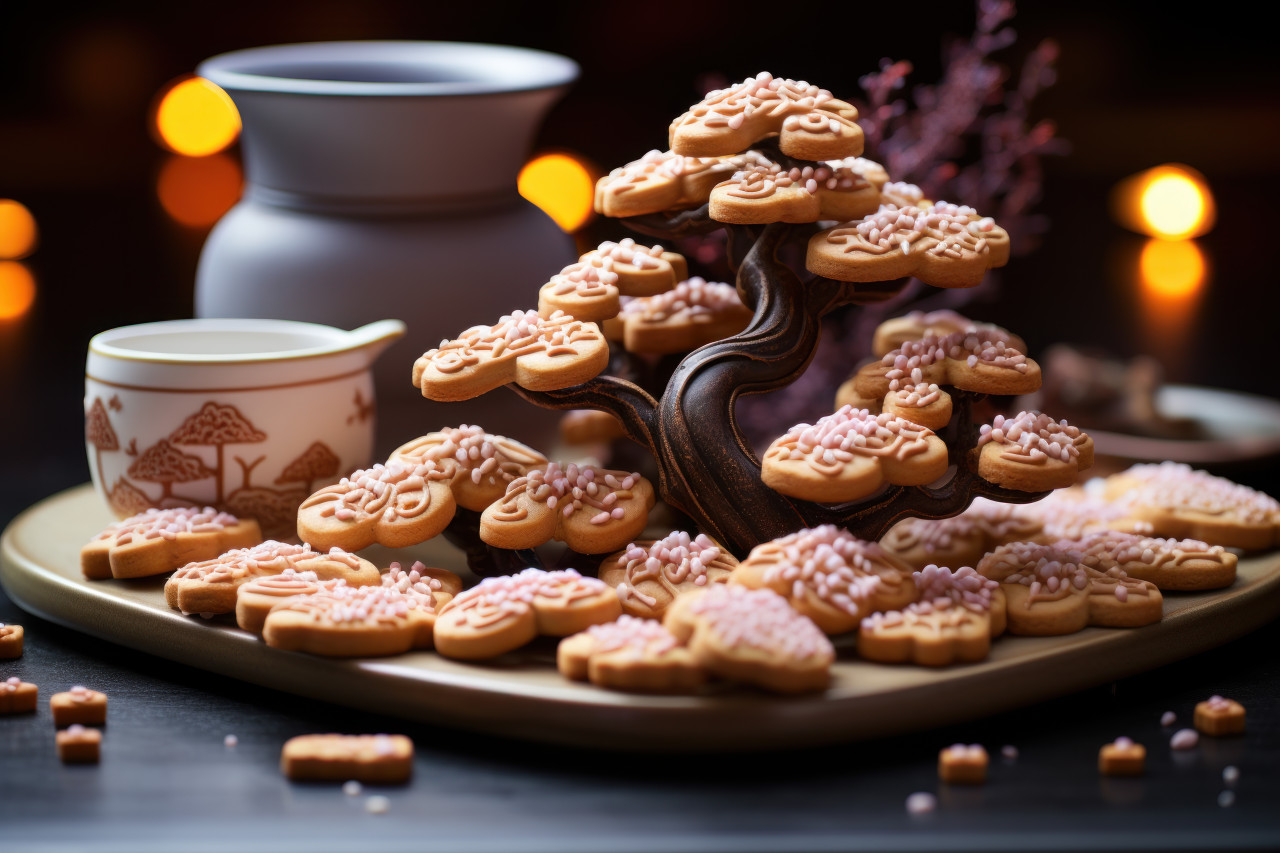 Heart cookies on a zen garden amidst pebbles and bonsai, engagement, wedding and anniversary image